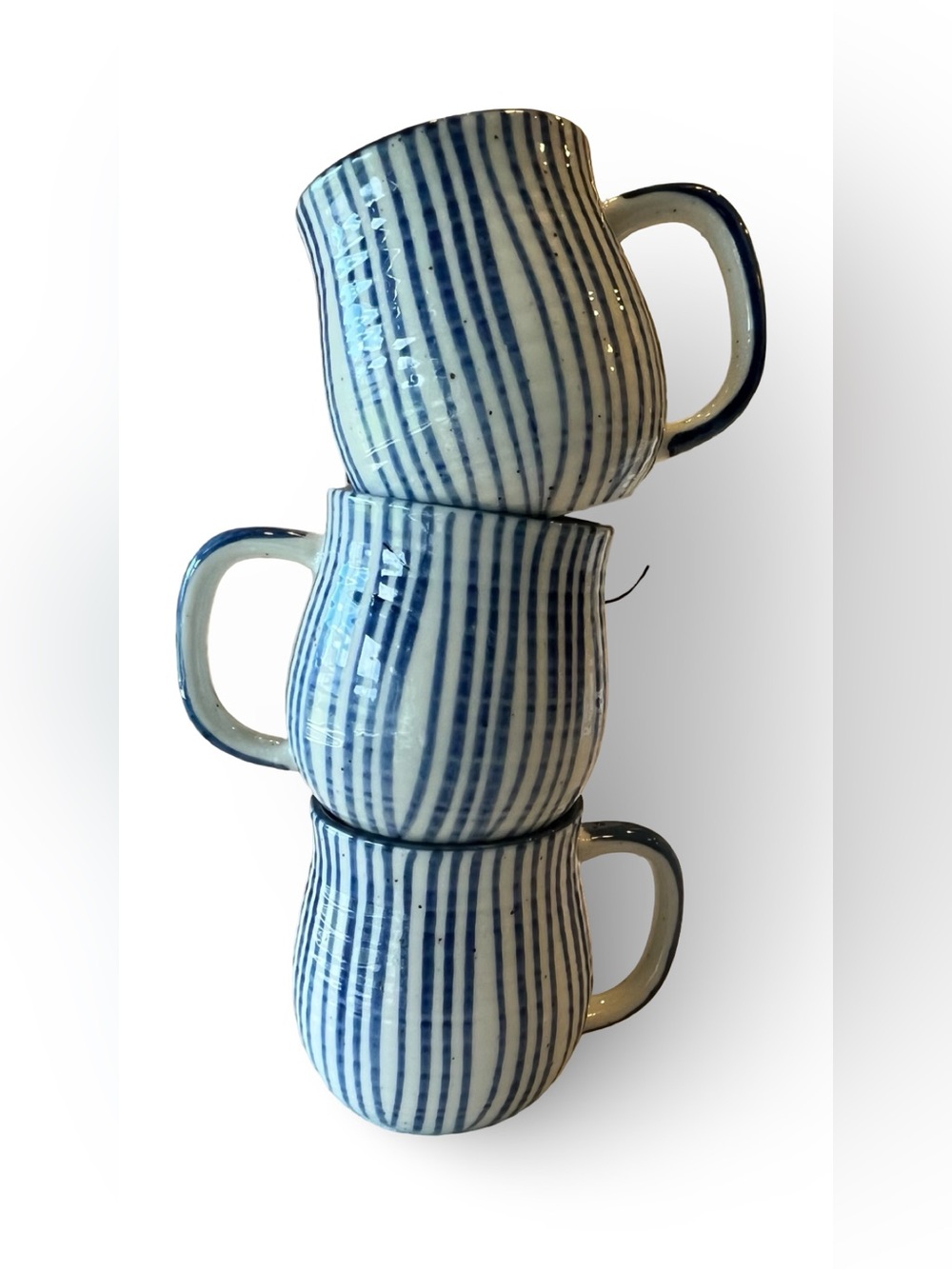 Stoneware Speckled Bohemian Blue and White Stripe Mug Set